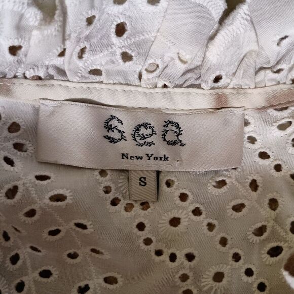 Sea New York Blouse Top Embroidered Eyelet Flutter Sleeve Cotton  Tan White S - Picture 7 of 7